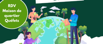 Affiche du World CleanUp Day à Tournefeuille, fond vert et blanc avec illustration de personnes qui nettoient la planète