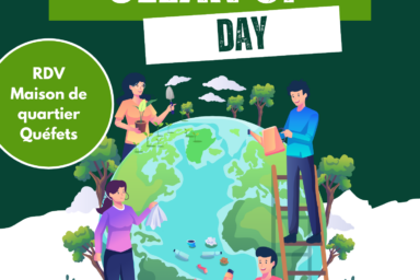 Affiche du World CleanUp Day à Tournefeuille, fond vert et blanc avec illustration de personnes qui nettoient la planète