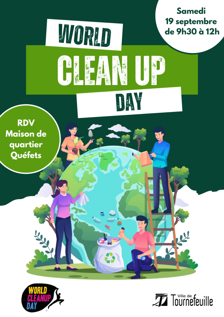 Affiche du World CleanUp Day à Tournefeuille, fond vert et blanc avec illustration de personnes qui nettoient la planète - Agrandir l'image, fenêtre modale