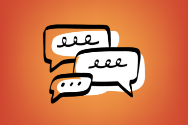 Visuel fond orangé avec bulles de conversation illustrées