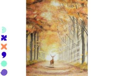 image de tableau à l'aquarelle lumineux représentant un cerf de face dont la silhouette se tient à l'arrêt au milieu d'un chemin de forêt automnale, les rayons de soleil le traversant de manière oblique