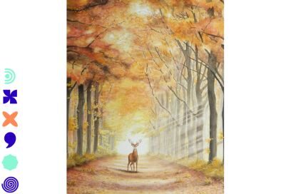 image de tableau à l'aquarelle lumineux représentant un cerf de face dont la silhouette se tient à l'arrêt au milieu d'un chemin de forêt automnale, les rayons de soleil le traversant de manière oblique - Agrandir l'image, fenêtre modale