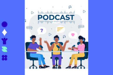 illustration ludique et colorée de personnages réunis autour d'un plateau d'émission de radio, des notes de musique se promenant dans les airs ainsi que des ondes autpur de leurs têtes