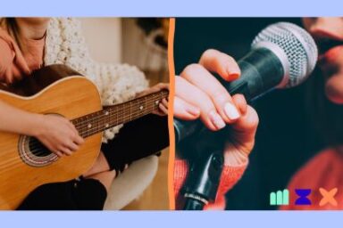 montage de deux photos côte à côte montrant à droite une main féminine tenant un micro à hauteur de bouche, à gauche une musicienne en tran de jouer de la guitare sèche, deux plans rapprochés sur leur action leur visage hors champ