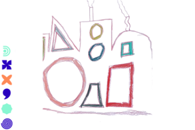 croquis coloré d'enfant représentant une maison composée de formes géométriques très ouvertes et au design très contemporain, dotée de deux cheminées fumantes