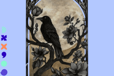 image d'illustration en tons de terre affichant un corbeau de profil sur une branche d'arbre fleurie dans une ambiance de tombée du jour, joliment encadré d'un liseré végétal dans le style art nouveau