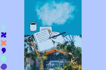 montage/collage avec une illustration de main en train d'écrire à la plume sur une feuille blanche incrustée sur une photo de l'entrée de la médiathèque dans un écrin de verdure, un ciel bleu avec nuage vaporeux surmontant l'ensemble - Agrandir l'image, fenêtre modale