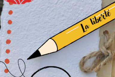 photomontage à base de photo réelle d'un carnet au grain épais, agrémentée d'une illustration de crayon à papier ifictif de couleur jeune sur lequel est écrit "La liberté"