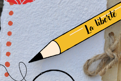 photomontage à base de photo réelle d'un carnet au grain épais, agrémentée d'une illustration de crayon à papier ifictif de couleur jeune sur lequel est écrit "La liberté" - Agrandir l'image, fenêtre modale