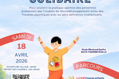 affiche de la course solidaire avec illustration de personne qui franchit la ligne d'arrivée les bras en l'air et les informations sur la course qu'on retrouve dans le corps de l'article