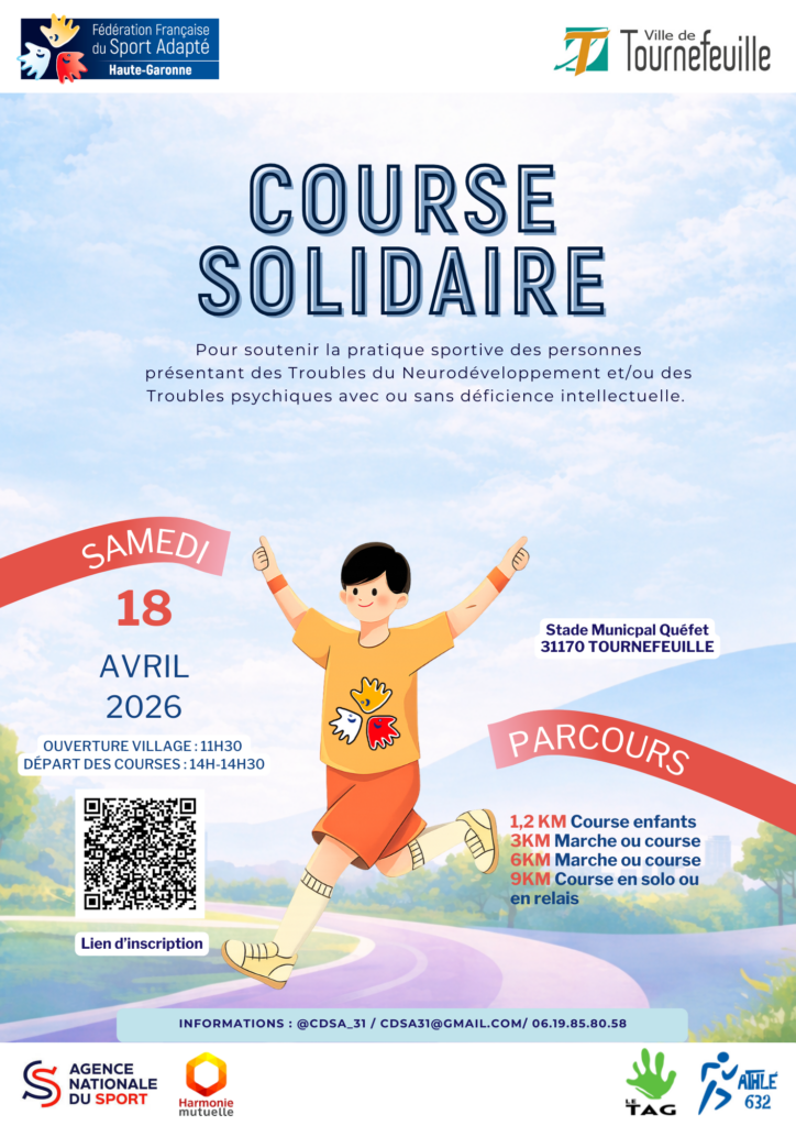 affiche de la course solidaire avec illustration de personne qui franchit la ligne d'arrivée les bras en l'air et les informations sur la course qu'on retrouve dans le corps de l'article - Agrandir l'image, fenêtre modale