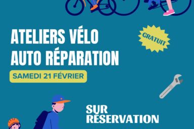 Affiche pour l'atelier d'auto réparation, fond bleu avec titre et éléments qu'on retrouve dans l'article