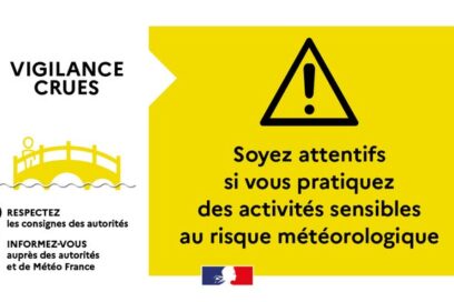 Visuel gouvernemental de vigilance crue, fond jaune avec informations reprises dans le corps de texte - Agrandir l'image, fenêtre modale