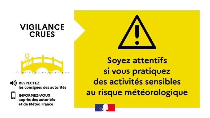 Visuel gouvernemental de vigilance crue, fond jaune avec informations reprises dans le corps de texte