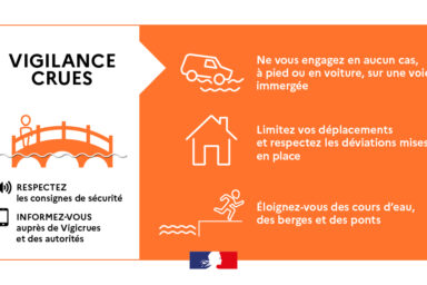 Visuel gouvernemental de vigilance crue orange, avec informations reprises dans le corps de texte