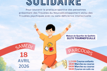 affiche de la course solidaire avec illustration de personne qui franchit la ligne d'arrivée les bras en l'air et les informations sur la course qu'on retrouve dans le corps de l'article - Agrandir l'image, fenêtre modale