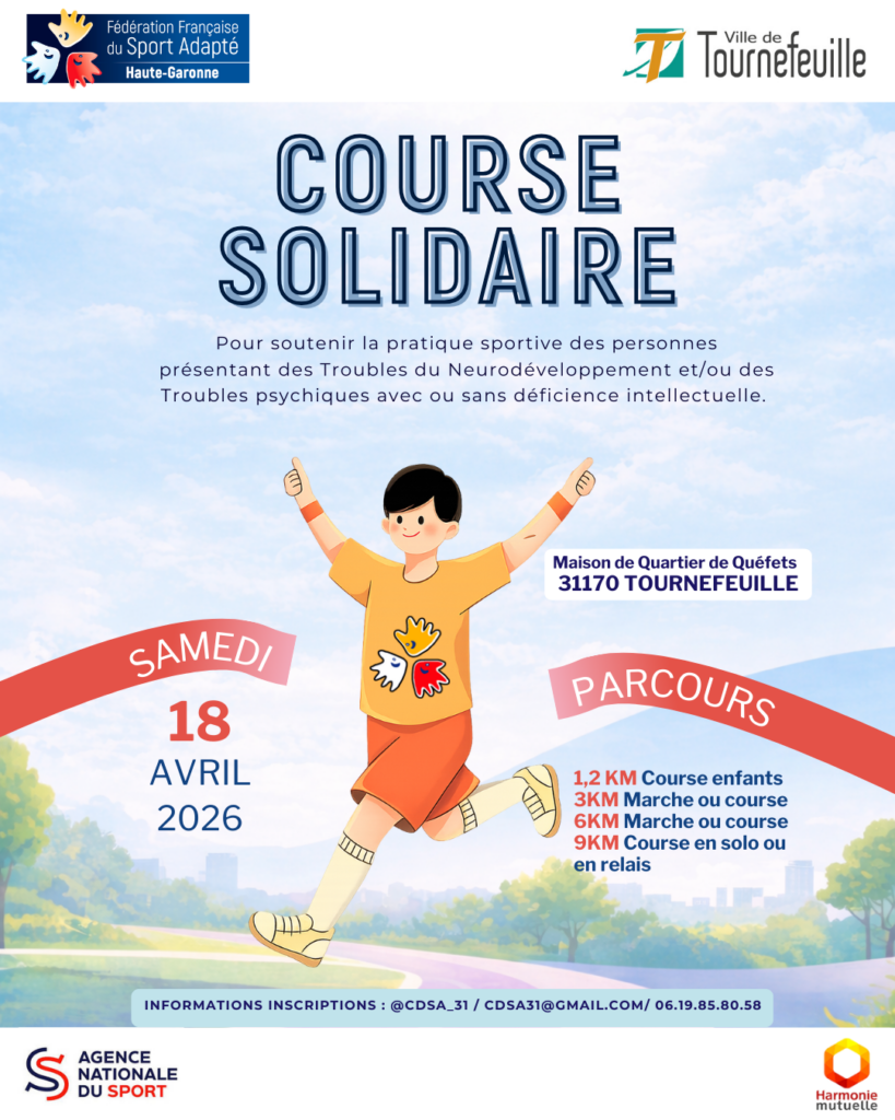 affiche de la course solidaire avec illustration de personne qui franchit la ligne d'arrivée les bras en l'air et les informations sur la course qu'on retrouve dans le corps de l'article - Agrandir l'image, fenêtre modale