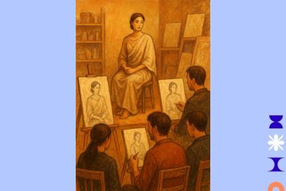 peinture en tons sépia représenant un jeune femme au visage tourné de trois quarts, cheveux bruns attachés en chignon, en toge de drap, assise les mains croisées sur ses genoux en fond de tableau devant un parterre de dessinateurs au crayon et fusain, assis de dos devant leur chevalet - Agrandir l'image, fenêtre modale