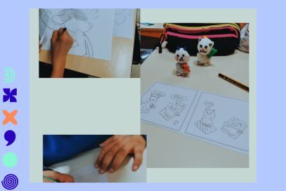 montage photos de vues zoomées d'enfants en train de dessiner des planches de bande dessinée sur une planche de travail couleur crème - Agrandir l'image, fenêtre modale