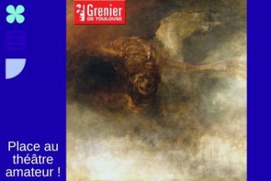 extrait du tableau de Turner "Death on a pale horse", La mort sur un cheval pâle, tout en tourbillon de fureur et couleurs terre et fumée, silhouette de la mort figurée par un squelette superposée sur celle d'un cheval sur un champ de bataille
