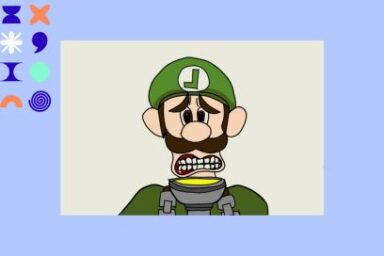 réalisation en peinture numérique d'un dessin coloré à l'effigie d'un personnage japonais de dessin animé et de jeu vidéo (de la série "Mario Brothers") dont on voit apparaître le buste, moustaches et favoris châtains, en combinaison et béret vert marqué d'un macaron rond fond blanc portant un L majuscule (de son prénom, "Luigi"), en train de faire une grimace de dépit, dents serrées