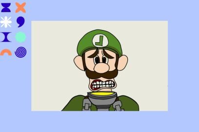 réalisation en peinture numérique d'un dessin coloré à l'effigie d'un personnage japonais de dessin animé et de jeu vidéo (de la série "Mario Brothers") dont on voit apparaître le buste, moustaches et favoris châtains, en combinaison et béret vert marqué d'un macaron rond fond blanc portant un L majuscule (de son prénom, "Luigi"), en train de faire une grimace de dépit, dents serrées - Agrandir l'image, fenêtre modale