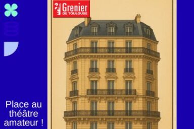 Illustration de magazine d'époque de style années 30 montrant un immeuble de style Hausmannien sur fond crème