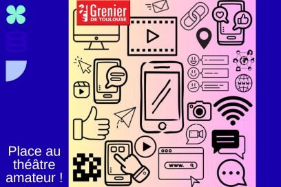 visuel d'illustration sur fond dégradé jaune et rose avec motifs noirs en surimpression figurant des objets connectés du quotidien, surmonté du logo fond rouge du Grenier de Toulouse - Agrandir l'image, fenêtre modale