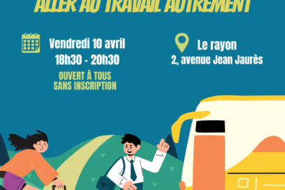Affiche bleu canard en fond avec illustration de personnes, une femme à vélo un homme en costume près d'un bus, et les informations qu'on retrouve dans l'article - Agrandir l'image, fenêtre modale