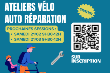 Affiche pour l'atelier d'auto réparation, fond bleu avec titre et éléments qu'on retrouve dans l'article