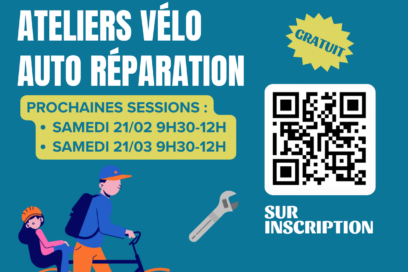 Affiche pour l'atelier d'auto réparation, fond bleu avec titre et éléments qu'on retrouve dans l'article - Agrandir l'image, fenêtre modale