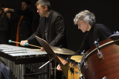 Appliqués sur leur instrument à percussion les musiciens de l'orchestre d'harmonie apparaissent alignés debout et de profil. A leur gauche apparaît dans l'ombre le joueur de triangle. - Agrandir l'image 13 sur 19, fenêtre modale