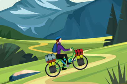 Illustration de chemin dans une vallée avec les montagnes à l'arrière-plan, une personne à vélo sur le chemin - Agrandir l'image, fenêtre modale