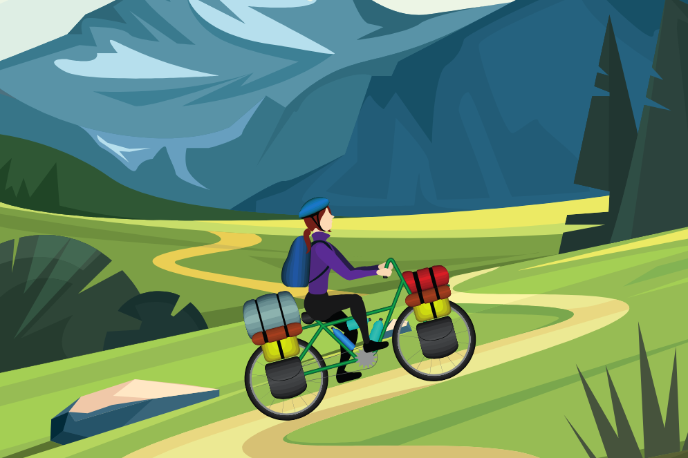 Illustration de chemin dans une vallée avec les montagnes à l'arrière-plan, une personne à vélo sur le chemin