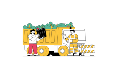 illustration d'un camion benne avec des végétaux qui dépassent et deux personnes - Agrandir l'image, fenêtre modale