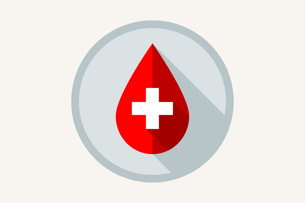 visuel fond clair avec illustration de goutte de sang et icône de croix blanche dedans