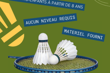 Affiche verte avec photo détourée d'une raquette de badminton avec deux volants dessus, et les infos qu'on retrouve dans le corps de l'article