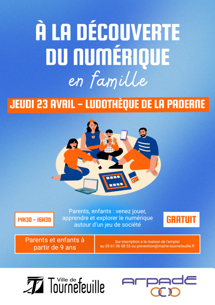 affiche de l'événement, fond bleu avec une famille au centre en train de jouer à un jeu de société avec des écrans, les informations pratiques sont précisées dans le corps de l'article - Agrandir l'image, fenêtre modale