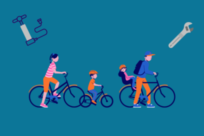 visuel fond bleu avec illustration d'une famille à vélo, une clé à mollette et une pompe à vélo - Agrandir l'image, fenêtre modale