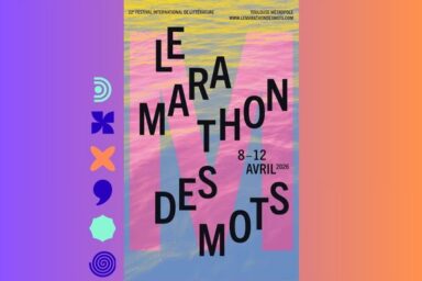 Affiche de l'édition 2026 du Marathon des mots une manifestation portée par Toulouse Métropole, lettrages sur fond de couleurs dégradées