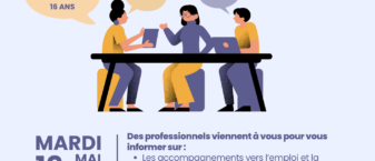 Affiche de la rencontre avec illustration de personnes qui échangent autour d'une table, et informations qu'on retrouve dans l'article