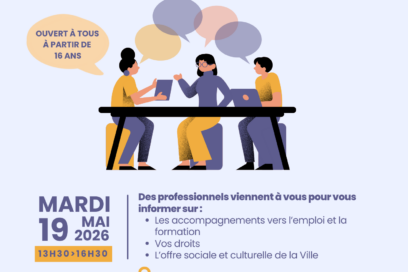 Affiche de la rencontre avec illustration de personnes qui échangent autour d'une table, et informations qu'on retrouve dans l'article - Agrandir l'image, fenêtre modale