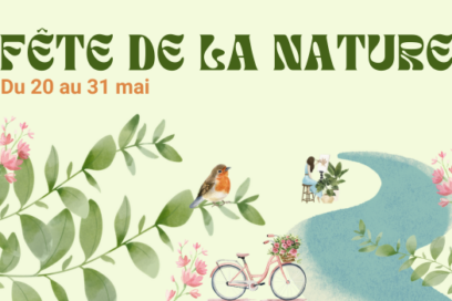 visuel fond vert clair avec illustrations à l'aquarelle d'un cours d'eau, de feuillages, d'un vélo et d'un oiseau, d'une artiste en train de peindre - Agrandir l'image, fenêtre modale