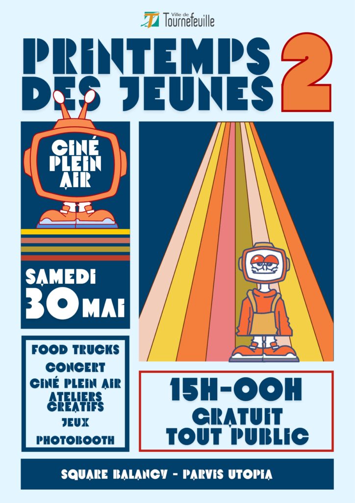 Affiche fond bleu du Printemps des jeunes, style un peu rétro, avec informations qu'on retrouve dans l'article - Agrandir l'image, fenêtre modale