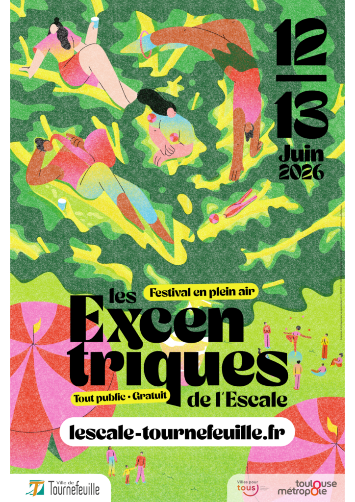 affiche du festival des Excentriques avec illustration au dessin de couleurs vertes et rouges et roses, un peu abstrait de personnages et de chapiteaux - Agrandir l'image, fenêtre modale