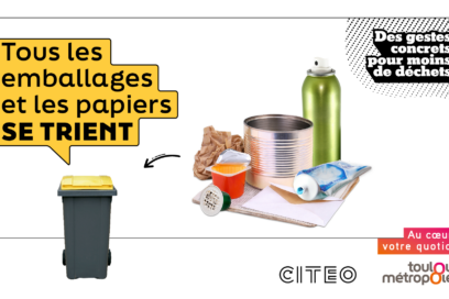 Visuel fond blanc avec écrit "tous les emballages et les papiers se trient", on voit des conserves, tube de dentifrice, pot de yaourt... - Agrandir l'image, fenêtre modale