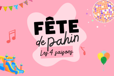visuel fond rose avec titre "Fête de Pahin" et illustrations de notes de musique, ballons gonflables et château gonflable géant