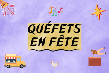 fond violet façon aquarelle avec écrit sur fond doré "quéfets en fête" et des illustrations d'acrobate, d'animaux et de notes de musique