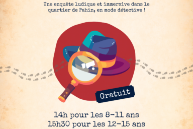 Affiche fond beige clair façon papier et illustration de chapeau et loupe de détective au centre, en texte les infos qu'on retrouve dans l'article