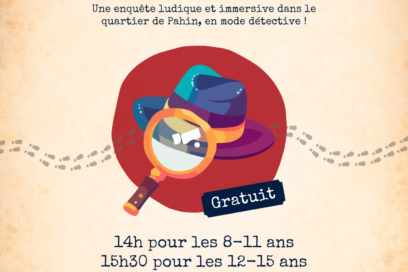 Affiche fond beige clair façon papier et illustration de chapeau et loupe de détective au centre, en texte les infos qu'on retrouve dans l'article - Agrandir l'image, fenêtre modale